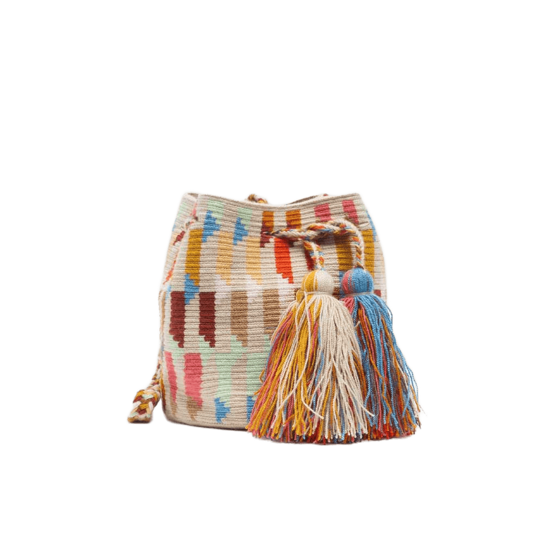 Guanabana tote bag er en lille rund hæklet taske i beige med multifarvet mønster