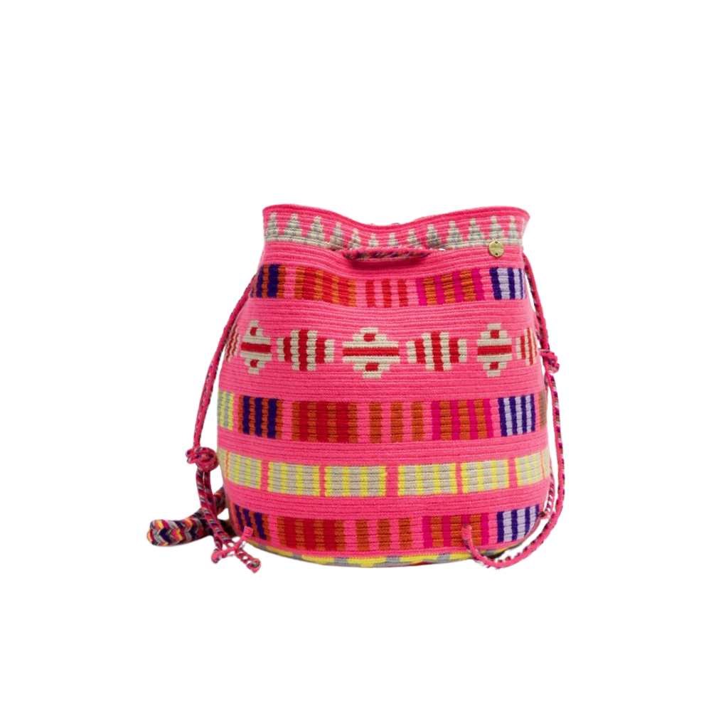 Guanabana crossbody taske i håndvævet tekstil med stribet mønster i pink, rød og gul
