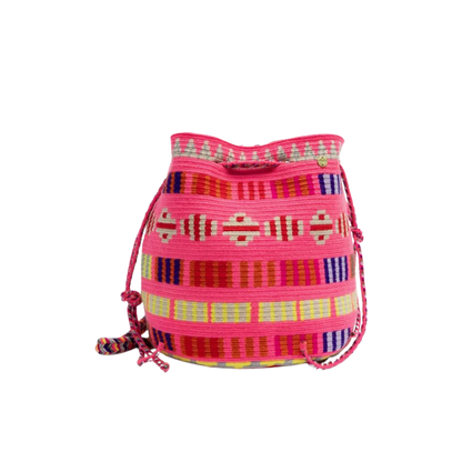 Guanabana crossbody taske i håndvævet tekstil med stribet mønster i pink, rød og gul