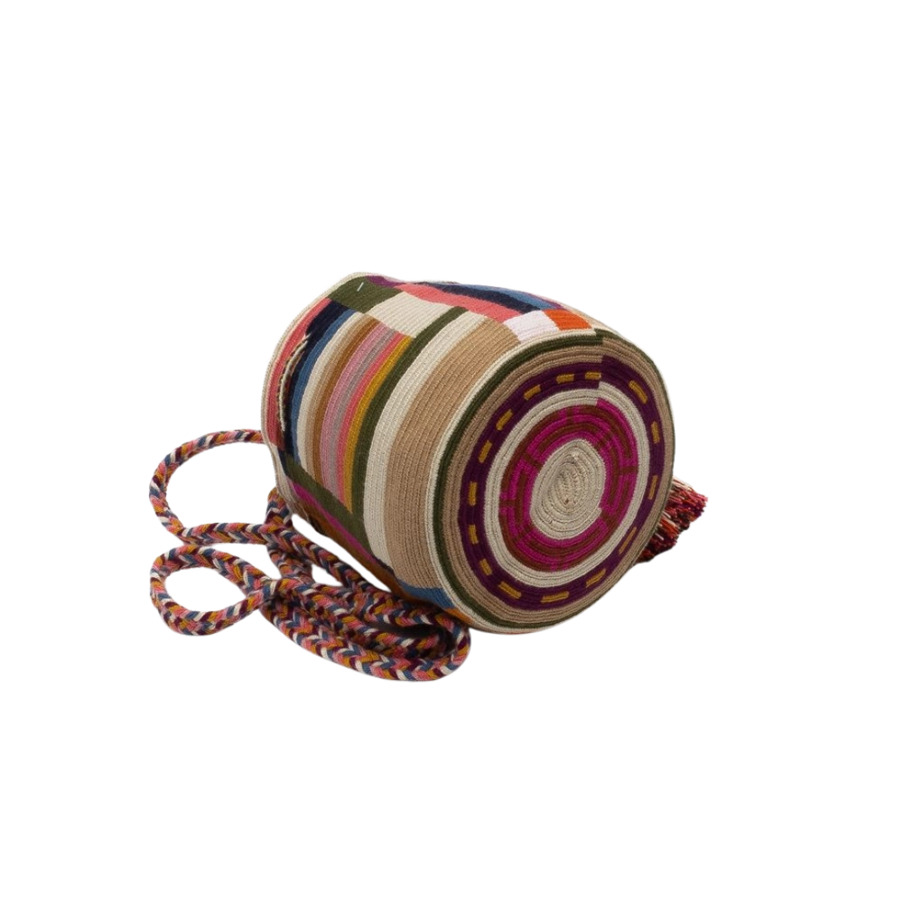 Guanabana crossbody taske i håndvævet tekstil med stribet multicolor mønster og kvaster