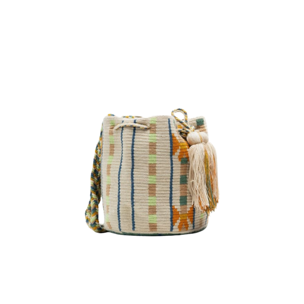 Guanabana crossbody taske i håndvævet tekstil med stribet mønster i beige, grøn og orange