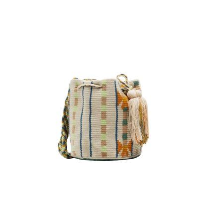 Guanabana crossbody taske i håndvævet tekstil med stribet mønster i beige, grøn og orange