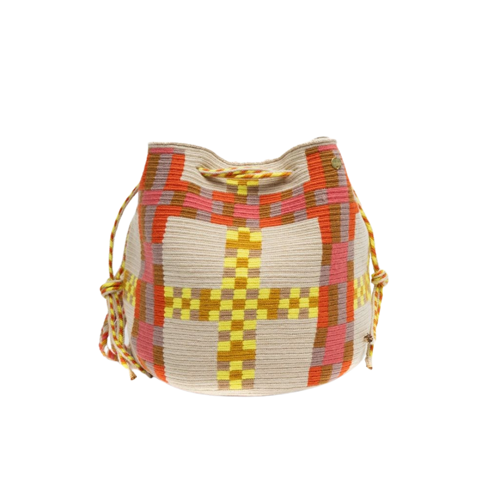 Guanabana crossbody taske i håndvævet tekstil med ternet mønster i pink, gul og natur