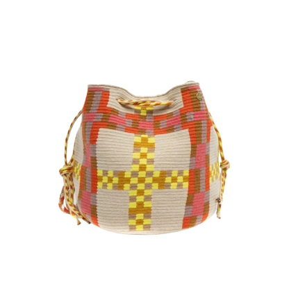 Guanabana crossbody taske i håndvævet tekstil med ternet mønster i pink, gul og natur