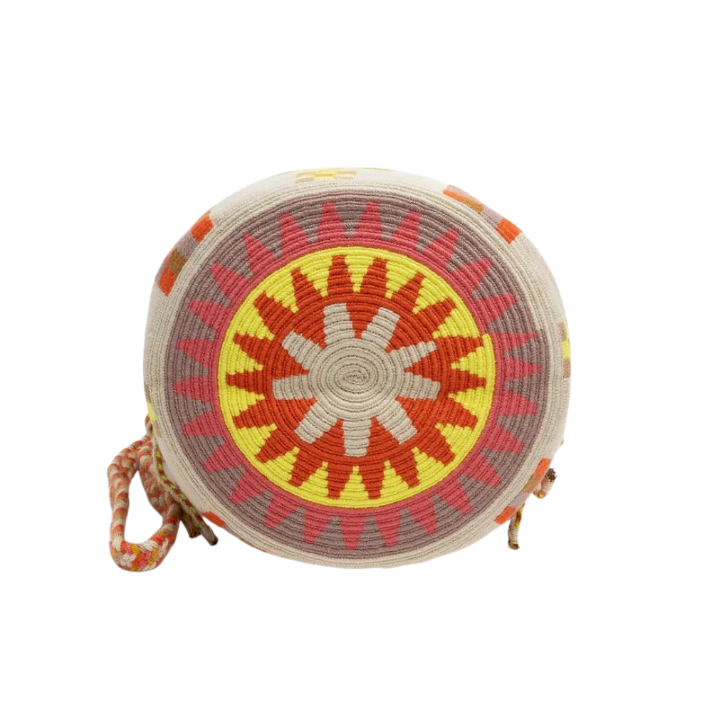 Farverig Guanabana crossbody taske i vævet kvalitet med pink og gule detaljer