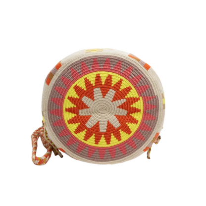Farverig Guanabana crossbody taske i vævet kvalitet med pink og gule detaljer