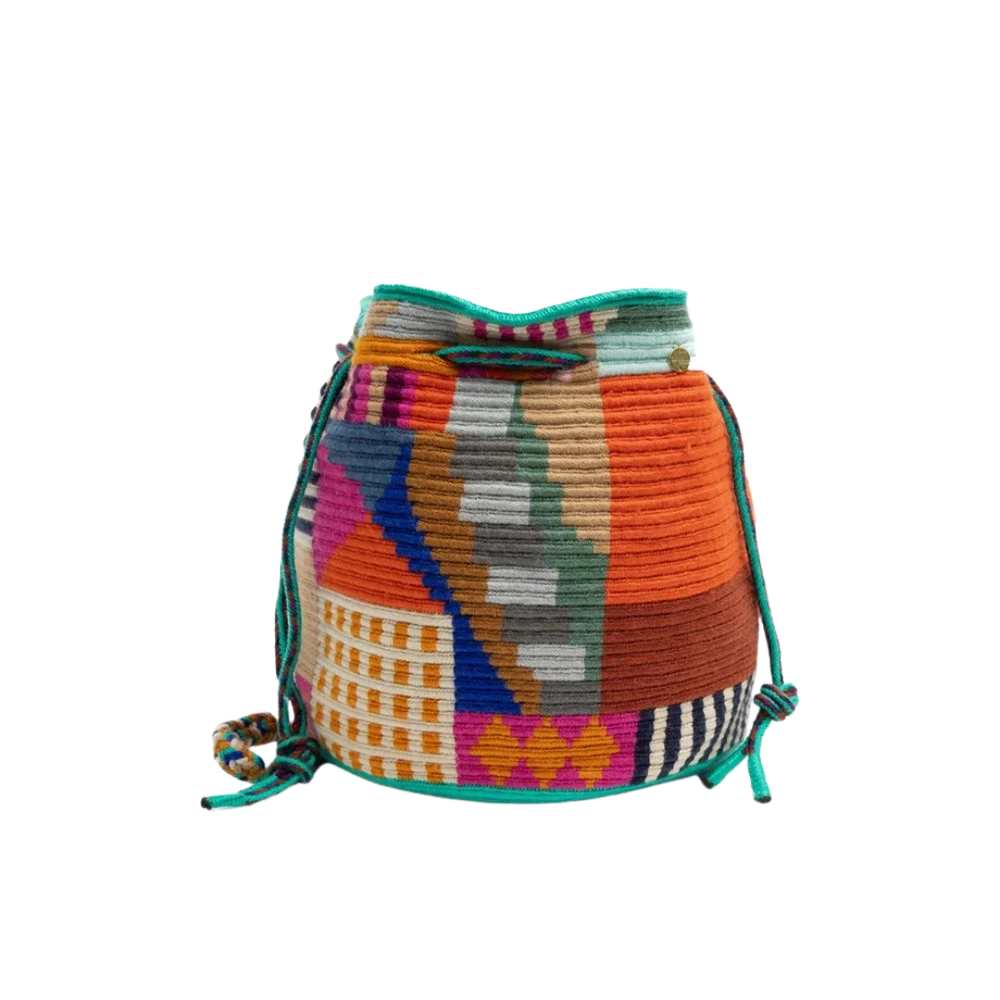 Guanabana crossbody taske i håndvævet tekstil med multifarvet mønster og turkis snøre