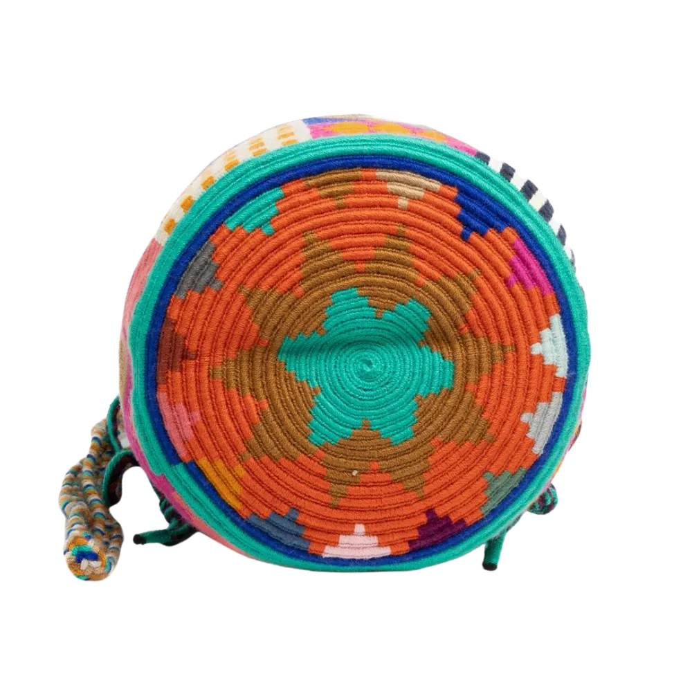Crossbody taske fra Guanabana i multicolor vævet stof med rund bund og snørelukning