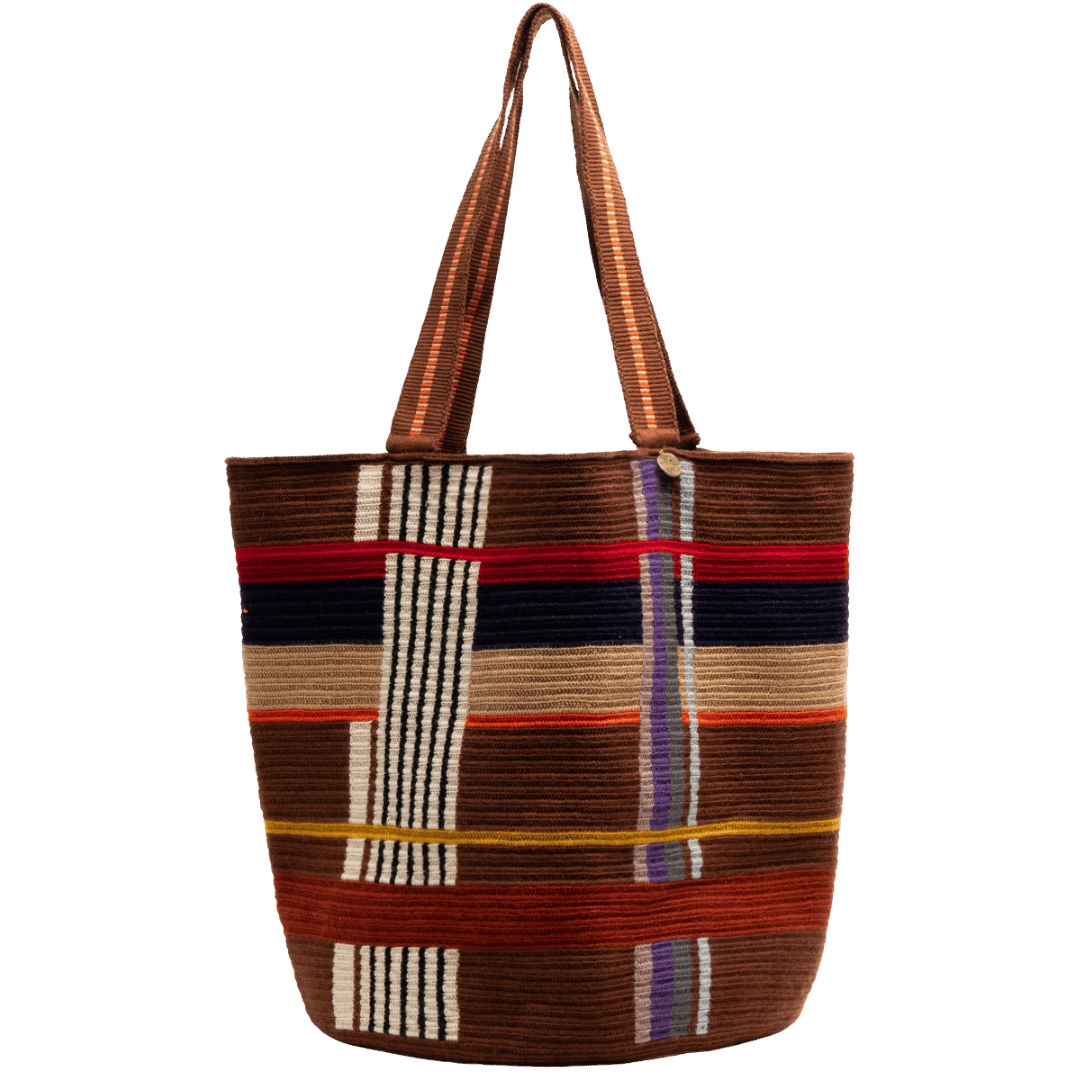 Stor GUANABANA Tote Bag skuldertaske/net i brun med farvede striber på