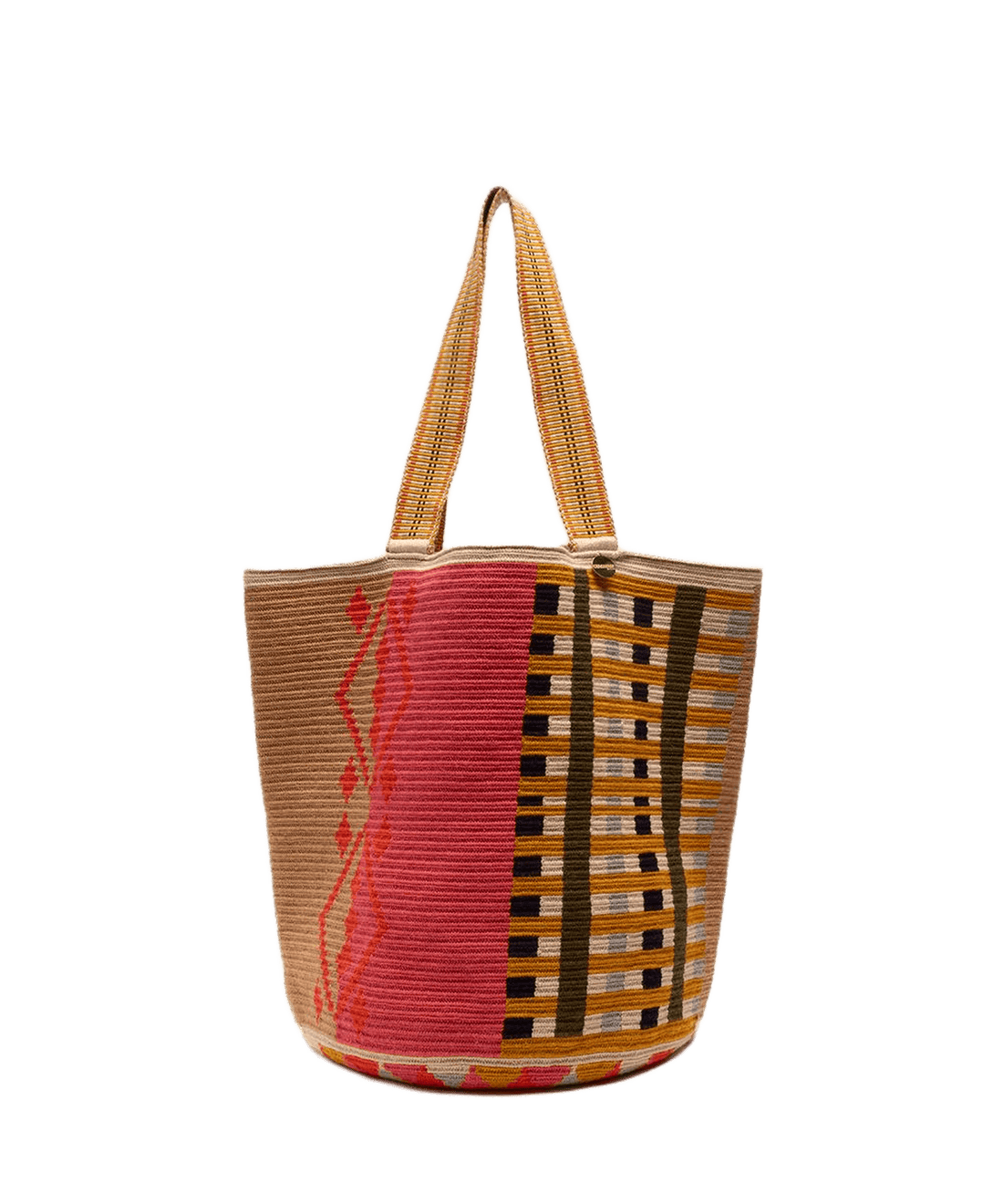 Guanabana tote bag er et stort rund net/taske med to hanke. Tasken er hæklet i beige/brun og lyserøde farver