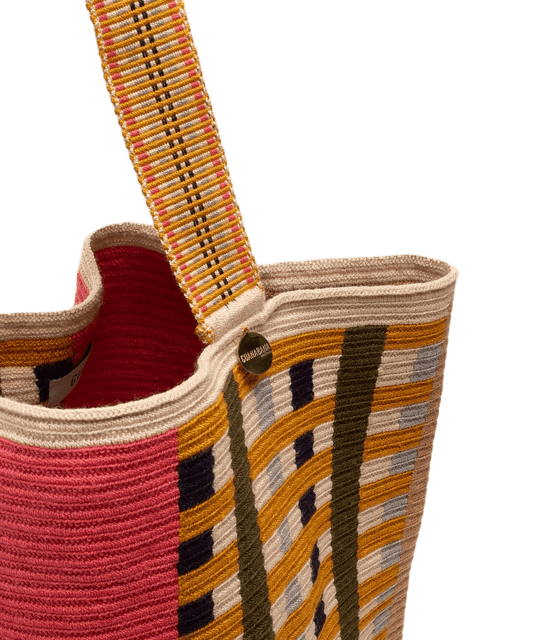 Guanabana tote bag er et stort rund net/taske med to hanke. Tasken er hæklet i beige/brun og lyserøde farver