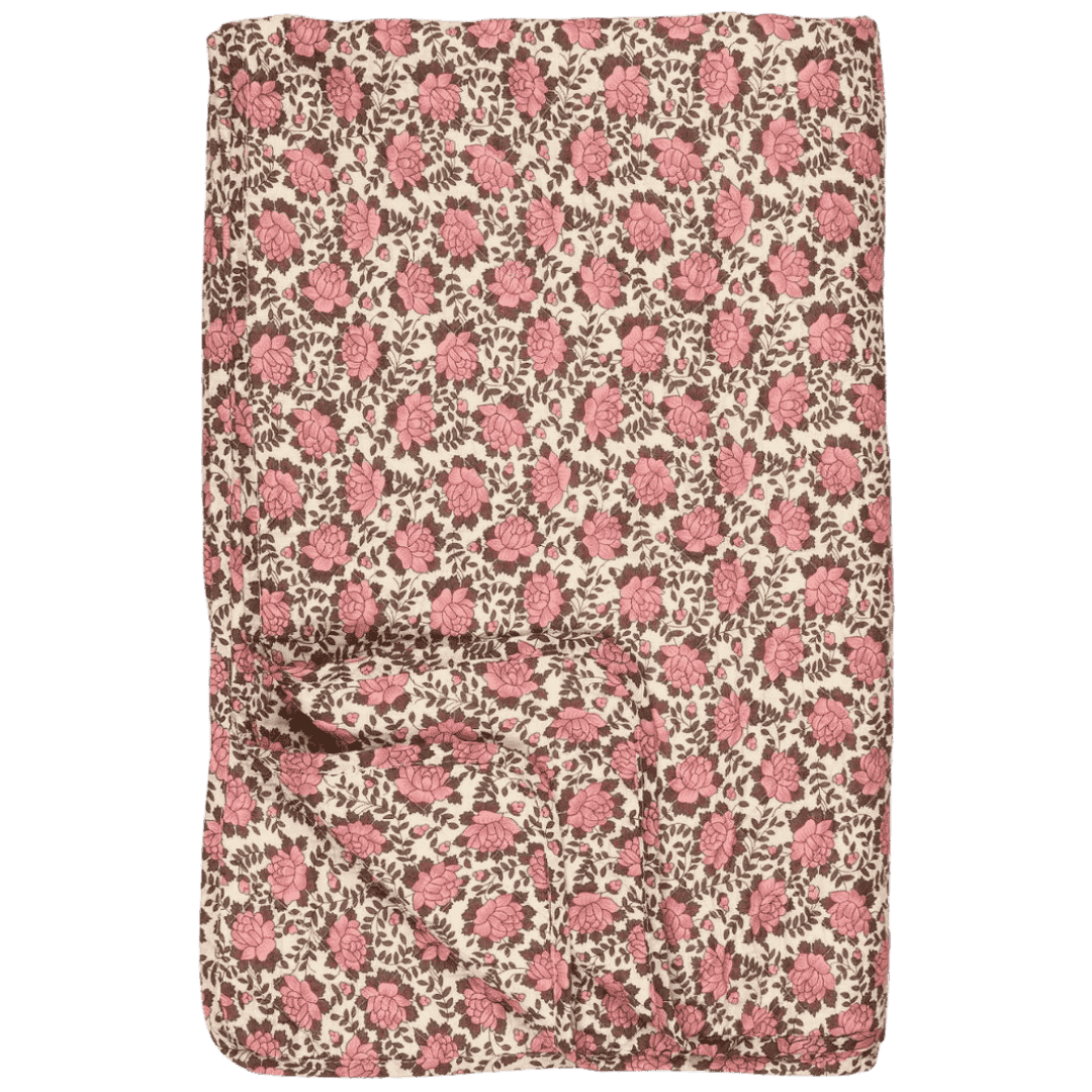 Vattæppe - Bomuld - Natur m. Rosa Og Brun Blomstermønster (49)