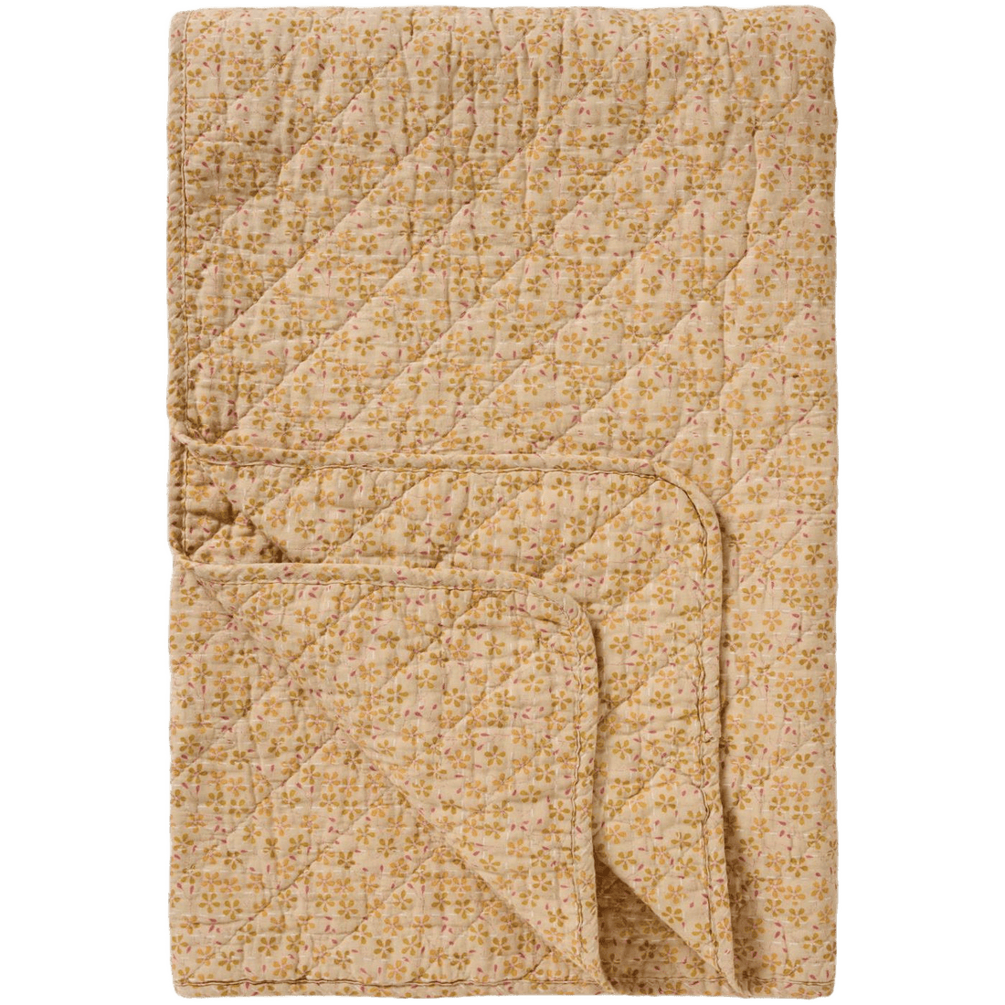Fin beige og gul vattæppe fra Ib Laursen med blomster og lyserøde blade