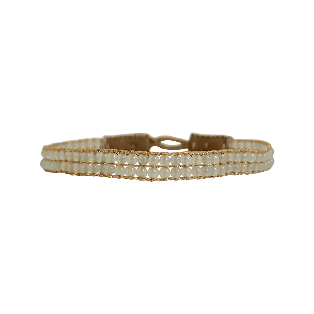 Ibu Jewels armbånd med lyse grønne transparente facetterede perler og gyldne detaljer