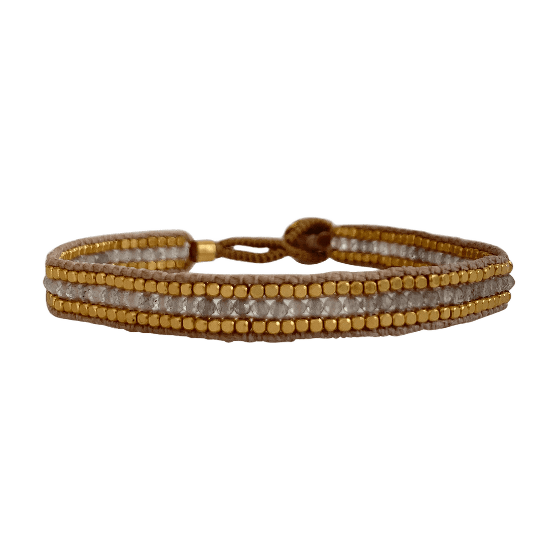 Ibu Jewels armbånd med grå facetterede perler og gyldne beads i flere rækker