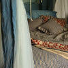 Et dug/sengetæppe med et mørleblå småt ternet mønster i midten og en rød og hvid mønstret kant