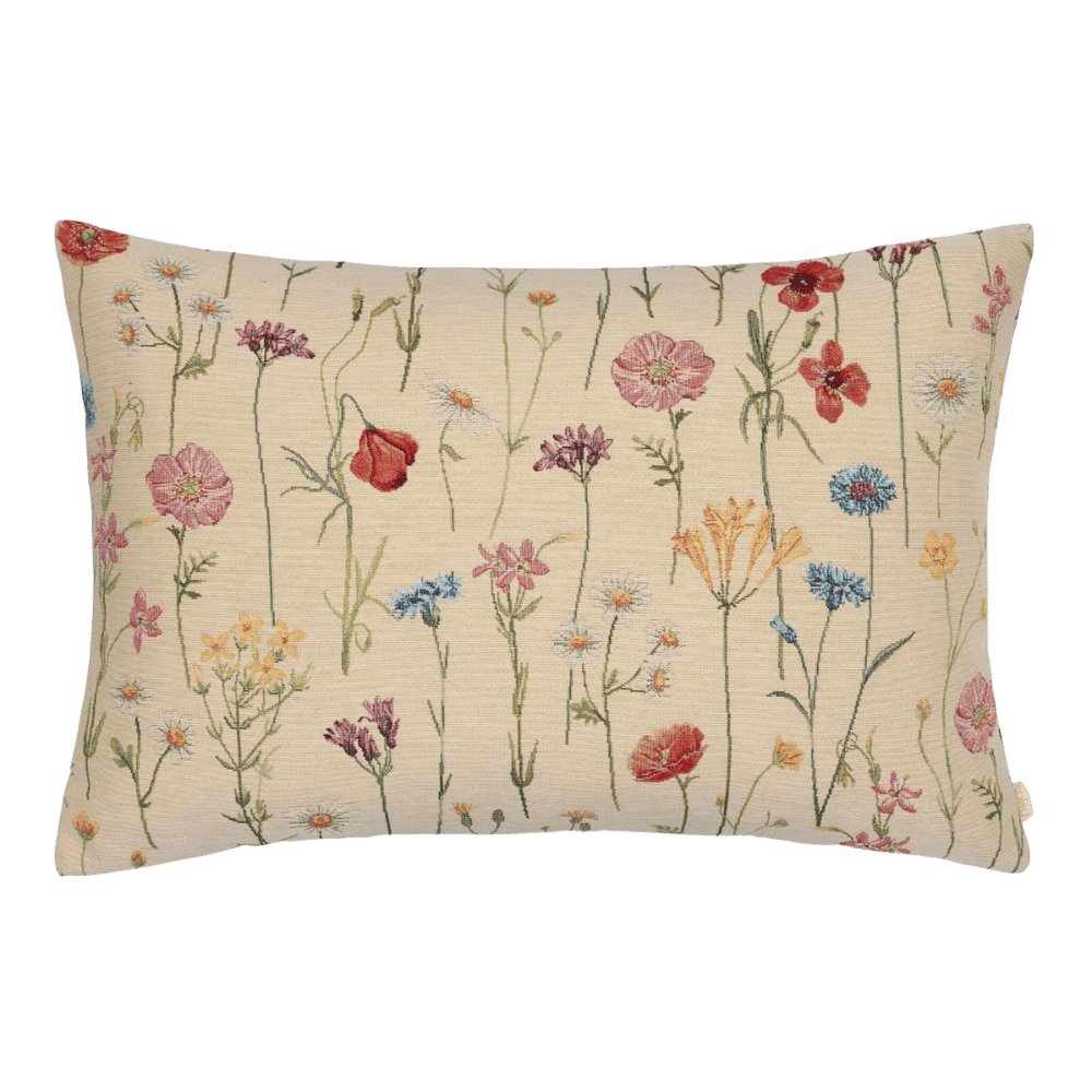 Pude fra Spliid med fin blomstereng på en sandfarvet baggrund