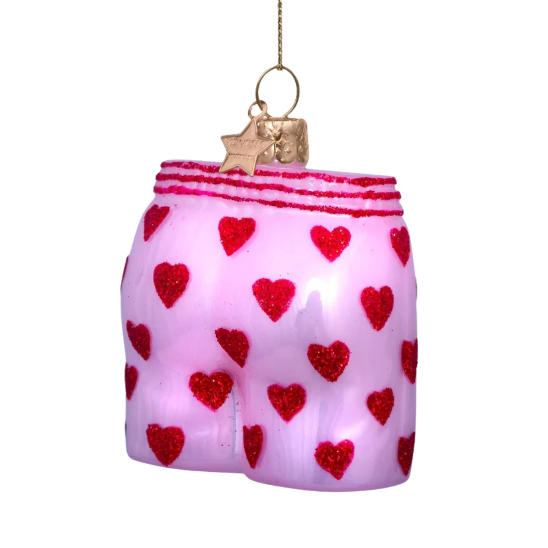 Julekugle som forestiller sig et par klassiske boxershorts med røde hjerter på