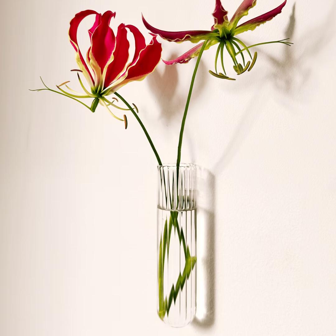 WallLeaf XL vægvase i transparent, rillet glas med magnetisk montering til stiklinger og blomster