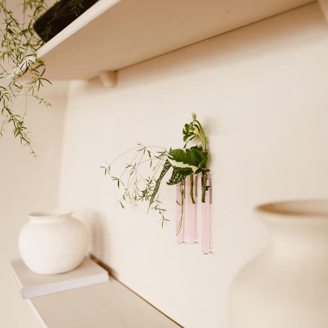 WallLeaf 3-pack vægvaser i pink glas med magnetisk montering til stiklinger og blomster