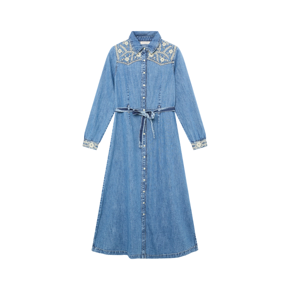 Maison Hotel lang denimkjole med broderede detaljer og bindebælte i taljen