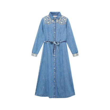 Maison Hotel lang denimkjole med broderede detaljer og bindebælte i taljen