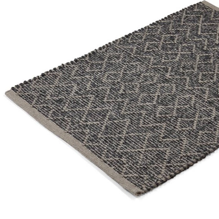 mørkt tæppe i fint mønster lavet af genbrugsplastik